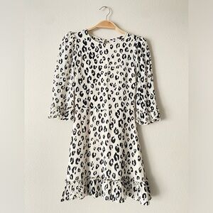 Reformation Doutzen Dress in Snow Leopard White Black Ruffle Mini Dress Size 2
